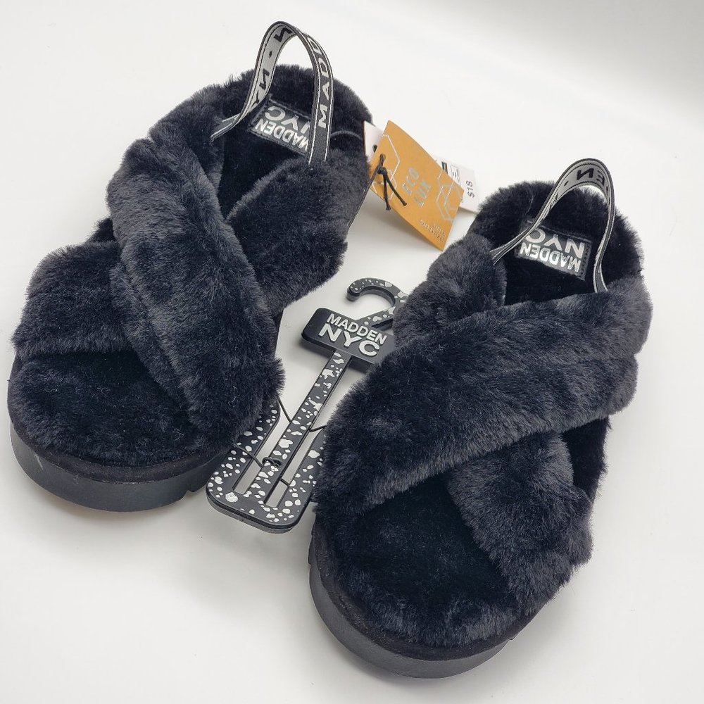 NEW! Madden NYC Women’s Faux Fur Crossband Platform Slippers Sz 10